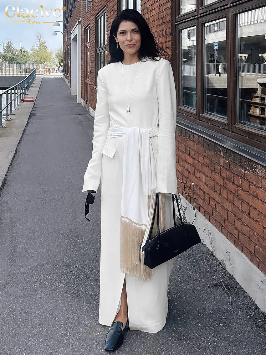 

Clacive Fashion Loose White Women's Dress 2025 Casual O-Neck Long Sleeve Maxi Dresses Elegant Classic Solid Female Dress