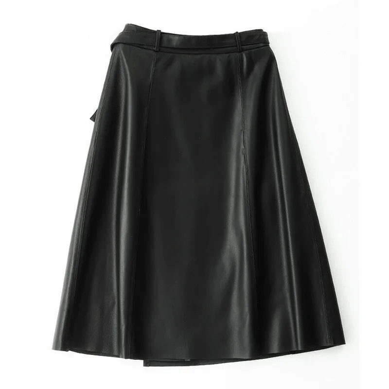 Spring Female Real Leather Midi Skirt Lady A-line Street Saia Bow Belt Vase Big Black Faldas Girls Pleated Jupe Faldas 72cm Long