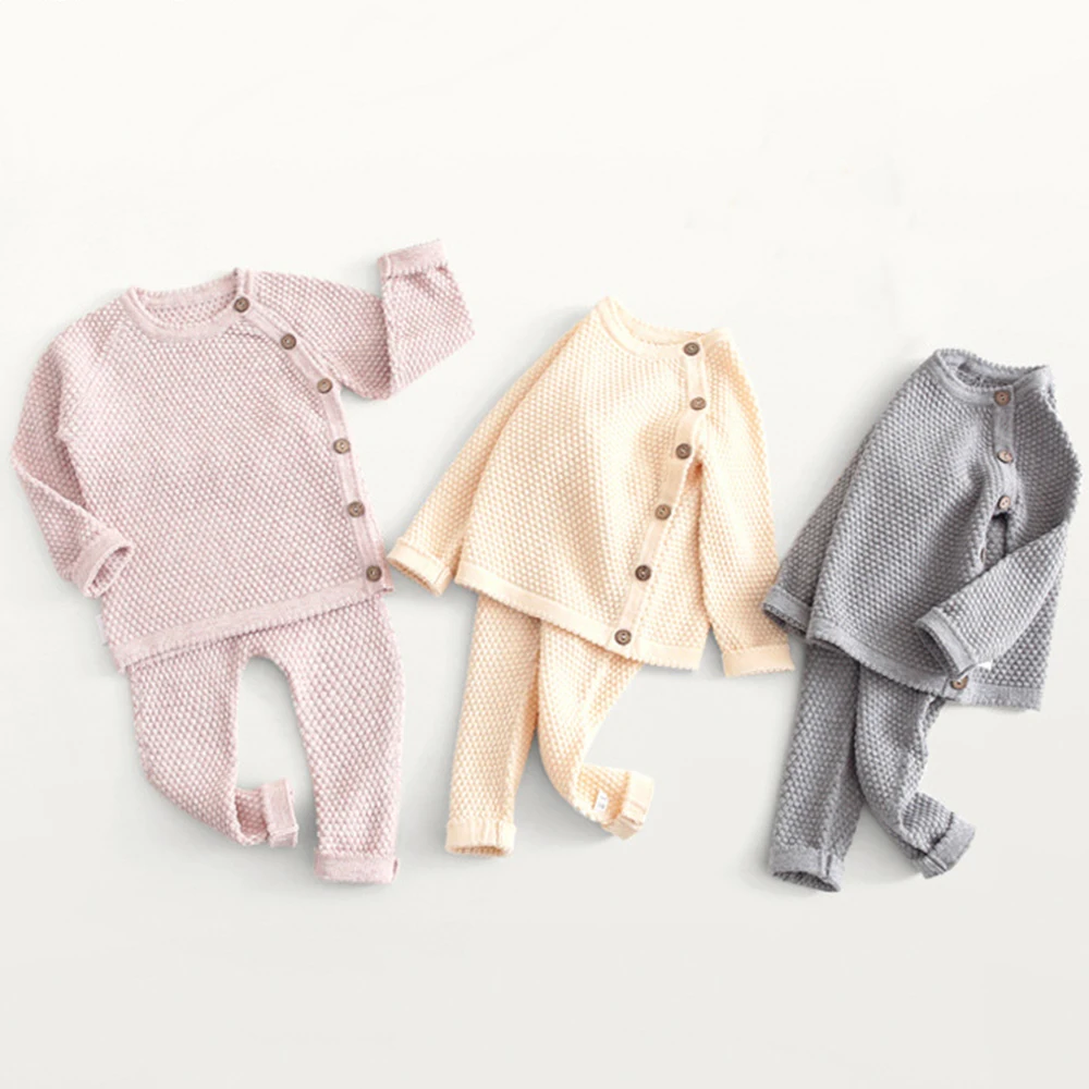 

Spring Autumn Baby Knitted Clothing 2PCS Sets Children's Casual Home Sleepwear Long Sleeve Newborn Top And Pants Pajamas Suit