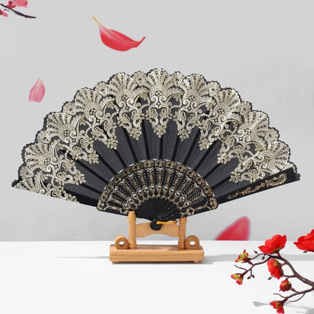 

Embroidered Folding Fan Multicolors Hot Stamping Chinese Wedding Cloth Folding Fan Photography Props Gold Blocking Fan