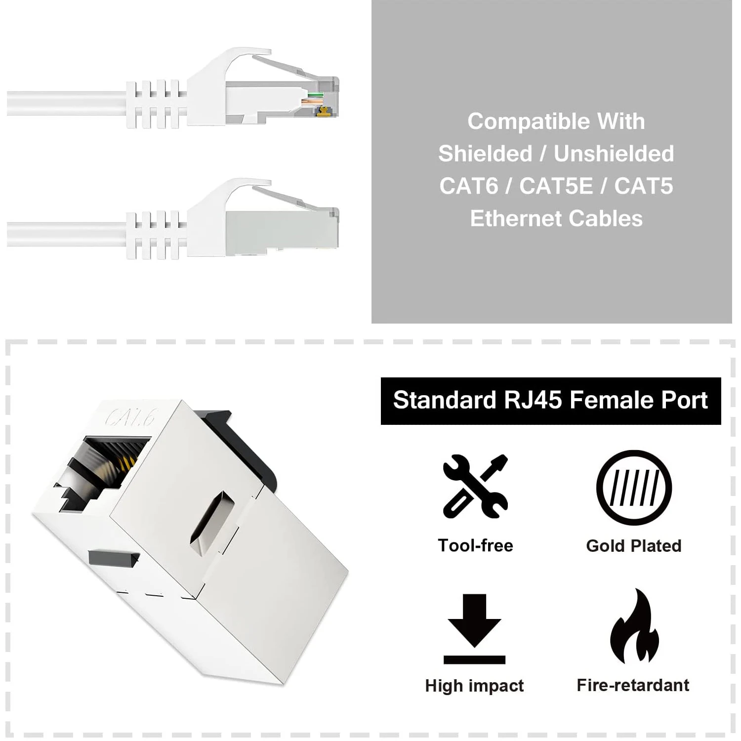 ZoeRax 2 Stück Cat7 Cat6a Cat6 Cat5e Keystone-Koppler, RJ45 Keystone-Buchse Inline-Koppler, geschirmter RJ45 8P8C bis zu 10 Gbit/s – Detail 2