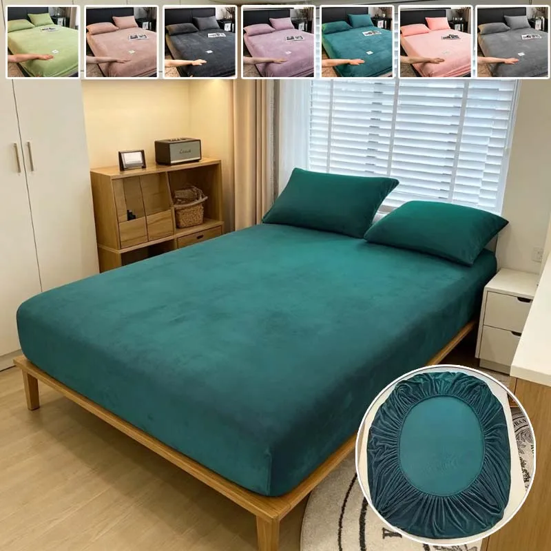 1PC Super Soft Coral Fleece Fitted Sheet Winter Thermal Elastic Mattress Cover Non-Slip Bed Linen for Couple Kids Dorm Room Bed