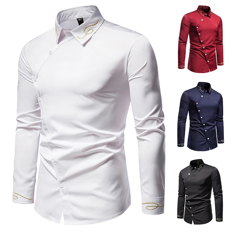 Men\'s Long Sleeved Shirt Embroidered Asymmetrical Button Design Wedding Groomsman Formal Party Dress Gentleman Casual Shirt