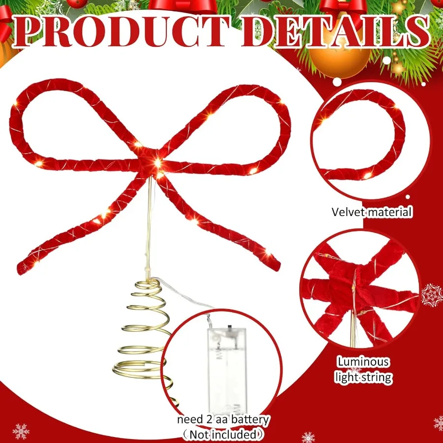 Soulchen Kerstboog Boomtopper Decoratie 9,4 x 10,4 inch Fluwelen Kersttopper Decor met LED-verlichting Kerstvakantie Strik