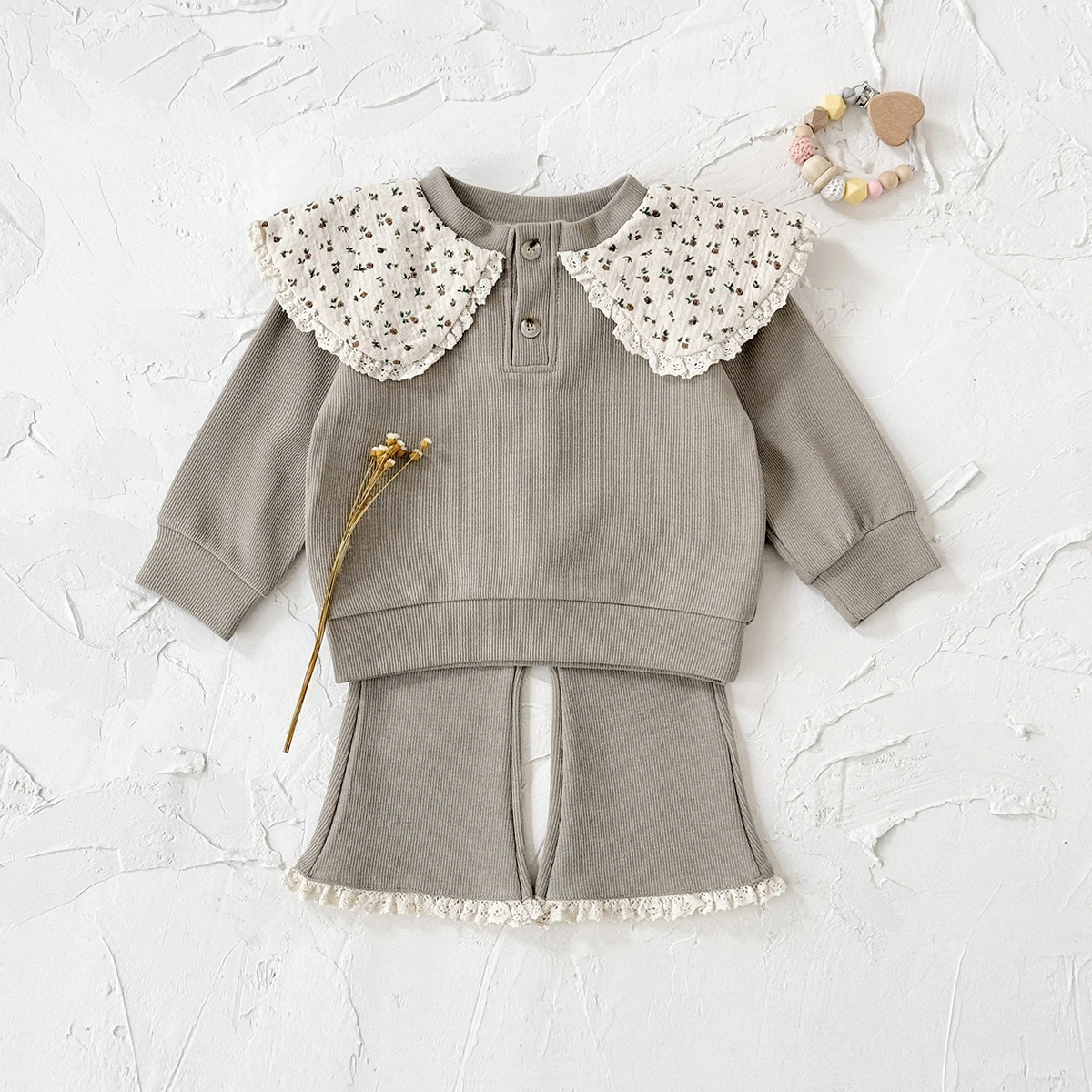 Koreanischen Stil Frühling Herbst Neue Baby Junge Mädchen Kleidung Kinder Floral Kragen Spitze Lange Ärmeln Set Hosen Infant Modische Anzug – Detail 10