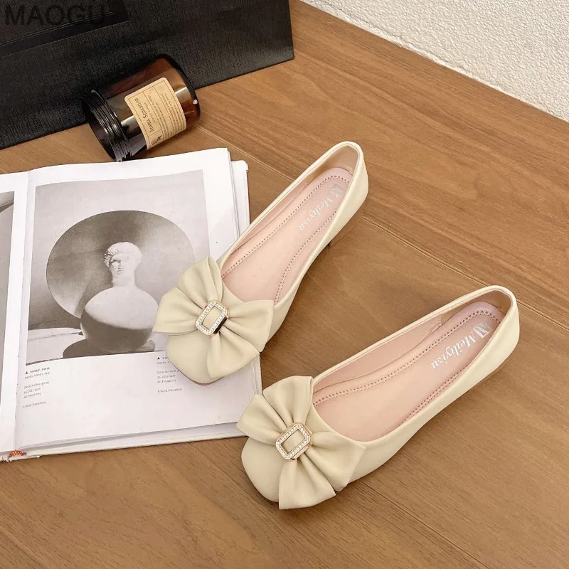 French Flats Damen-Pumps mit klobigem, niedrigem Absatz und weicher Sohle, vielseitige Schleife, lässige Mokassins für Damen, bequeme Schuhe, Slip-on-Schuhe