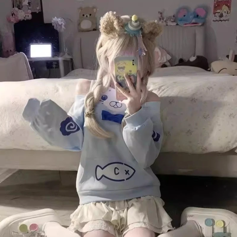 Cute Cartoon Little Seal Off-the-shoulder Fake Two Pieces Loose and Lazy Thin Long-sleeved Sweater For Women