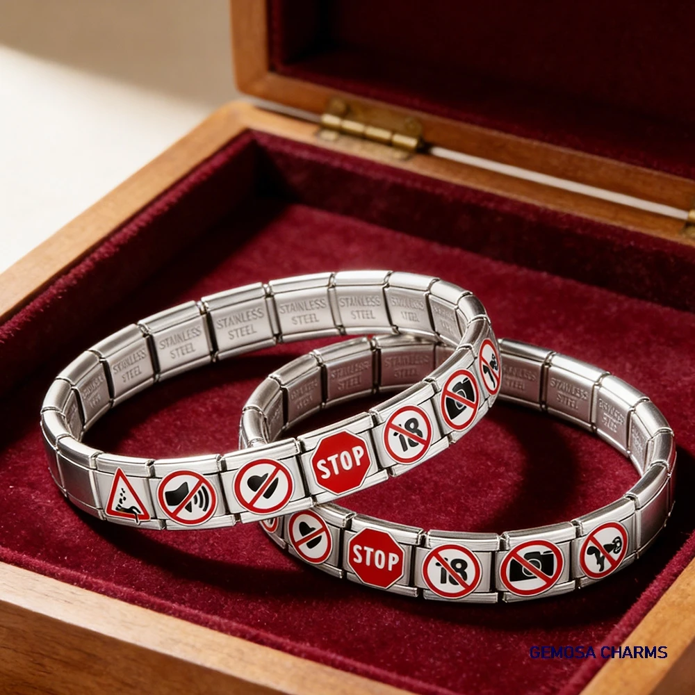 GEMOSA Fashion Red Style Pattern Labels Italian Link fit 9mm Charms Jewelry Stainless Steel Bracelet DIY Making 2026 Beads Gifts