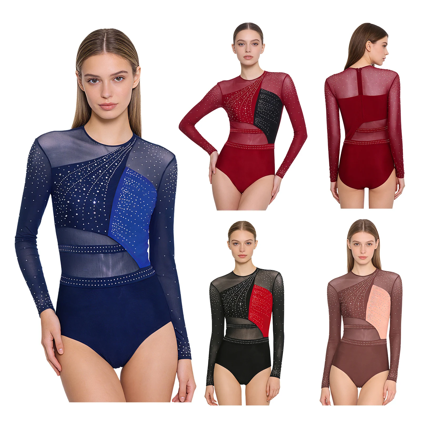 

Женский гимнастический купальник для фигурного катания, акробатики, балета, латиноамериканских танцев (ча-ча) с длинным рукавом, блестящими стразами и прозрачными вставками из сетки