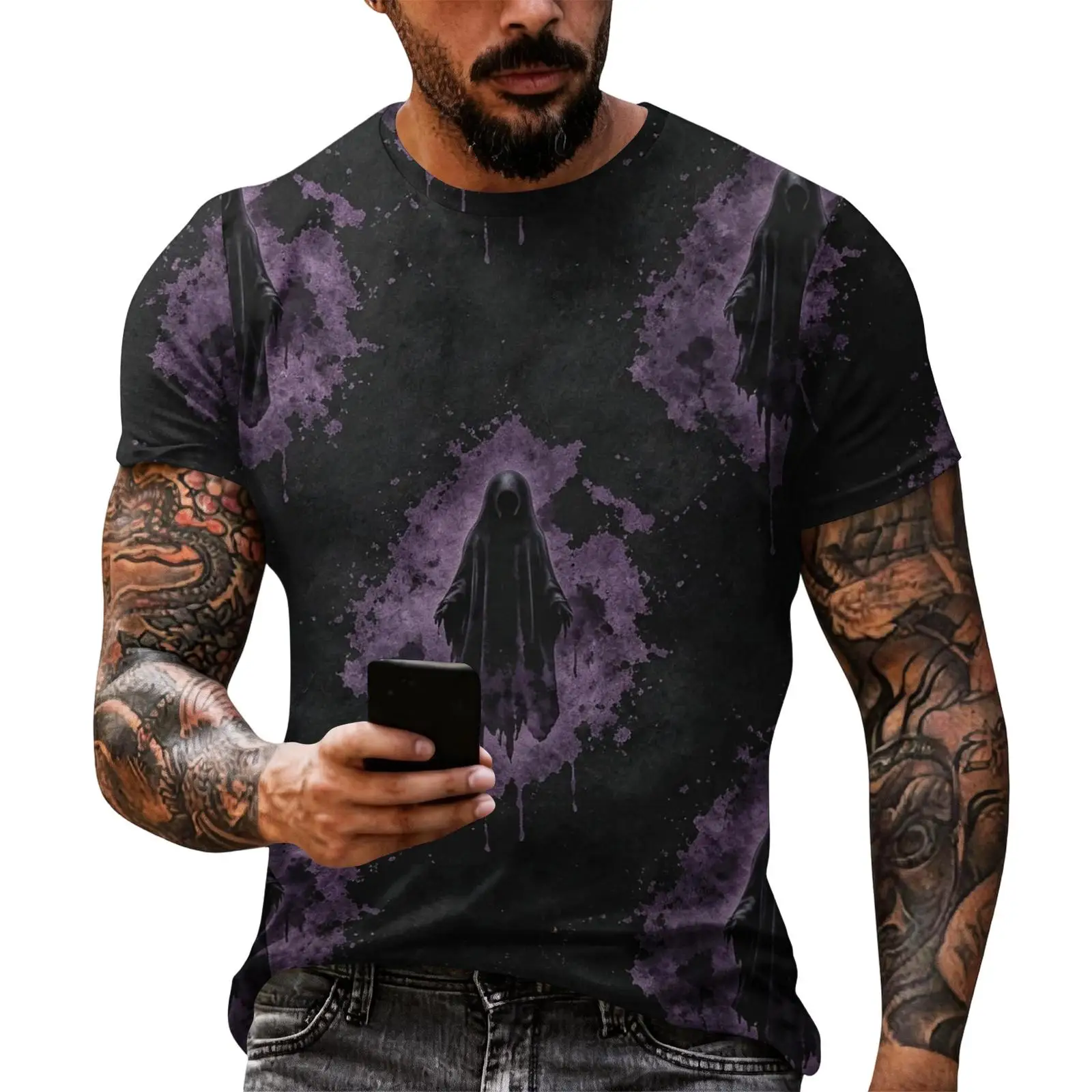 Men Purple Splash Ghost 3D Print Crew Neck Short Sleeve Halloween Tee