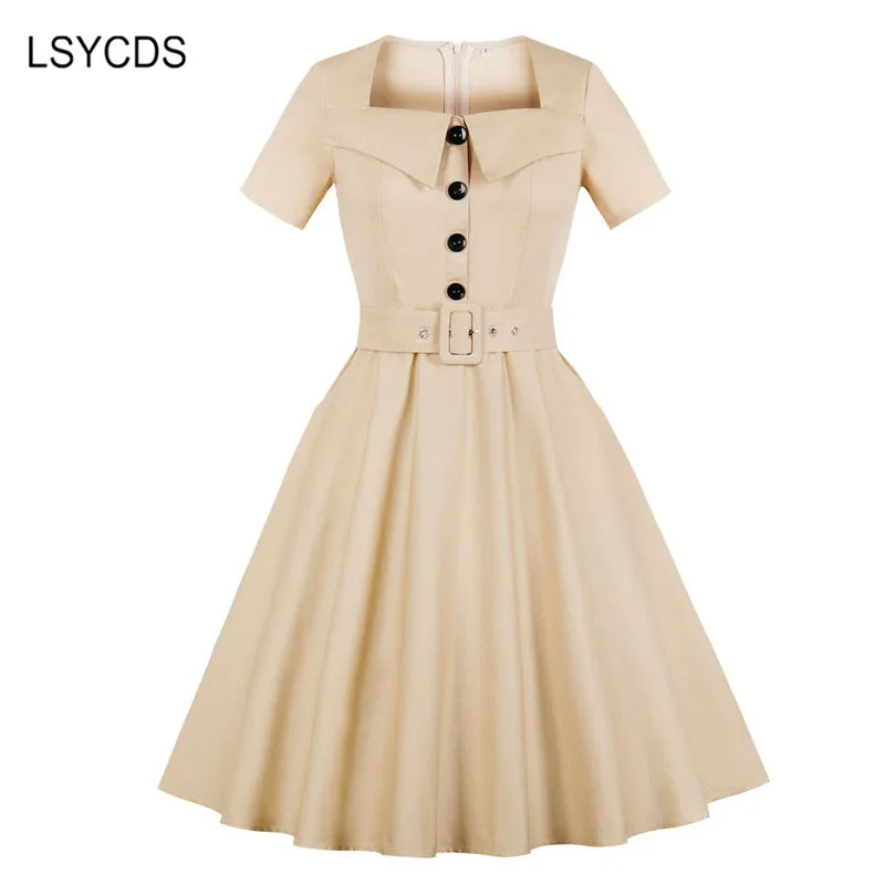 LSYCDS Hepburn Style Retro Dresses Short Sleeve Robe Gown Big Swing Casual Party Rockabilly 50s 60s Vintage Women Dress