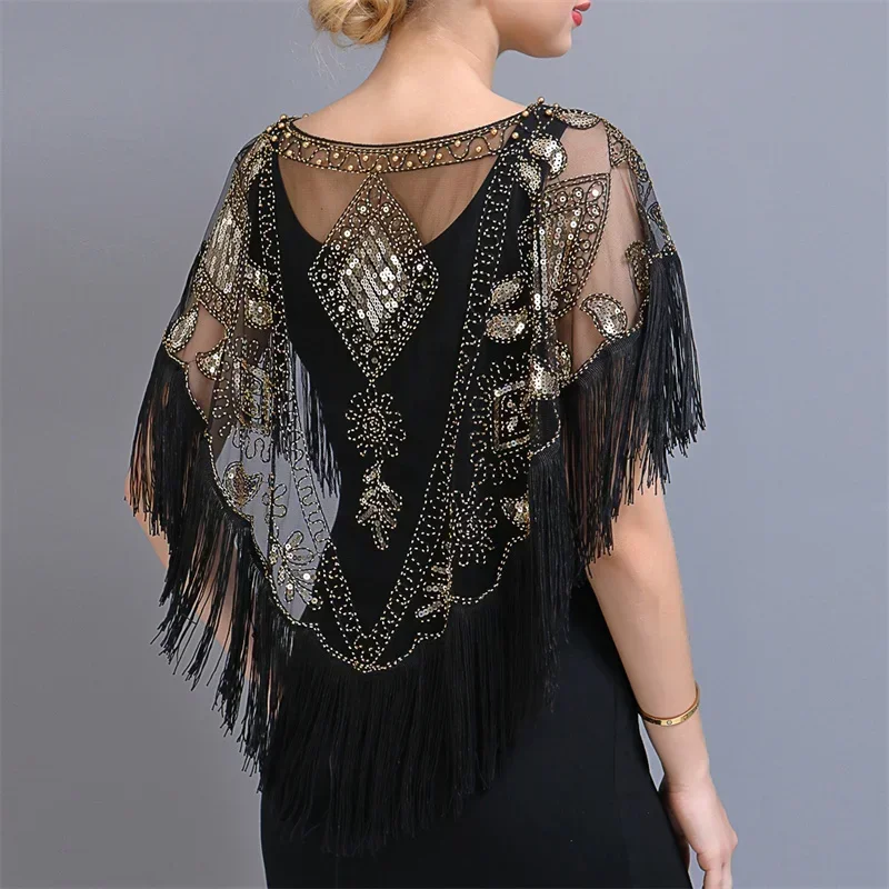 Summer Sequins Tassels Poncho Women Coat Party Outfits Cape Mesh Jacket Ladies Cloak Shawls Casaco Outerwear Wraps Woman Clothes