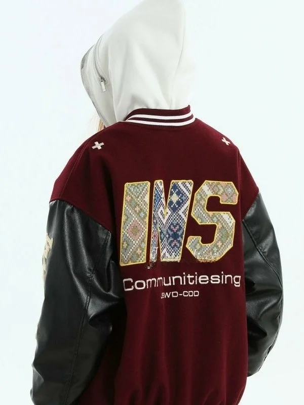 

Trendy Youth American Knitted Patchwork Embroidery Logo Baseball Jaet Cotton Sandwich Outerwear Casual Commute Wear