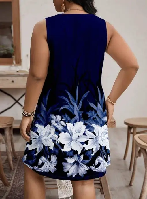 

Summer 2025 Simple Casual Retro Printed Loose and Comfortable Dress New Cross Plus Size Women's Round Neck Printed Vest Dress