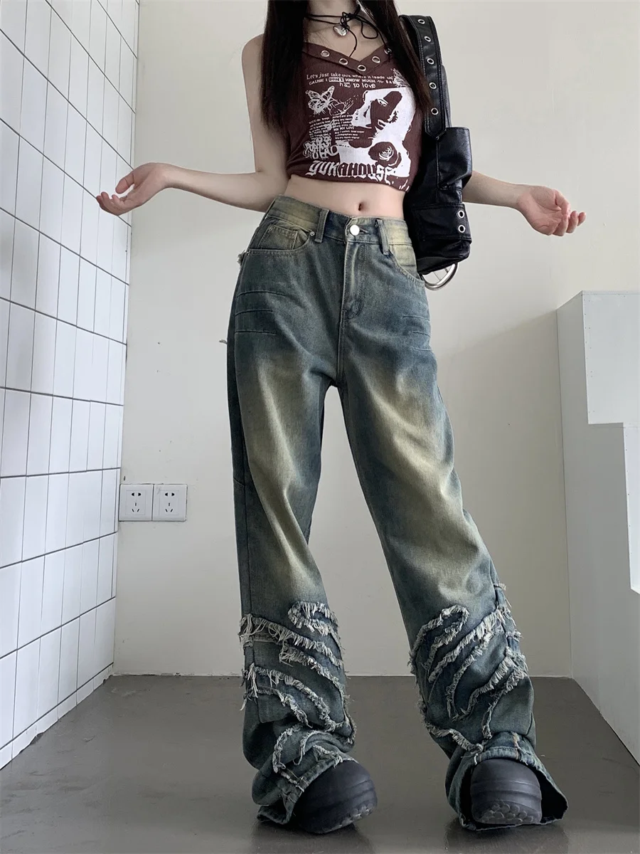 

Slergiri Y2k vintage raw trim distressed jeans women American streetwear high waisted zipper fly wide leg straight baggy pants