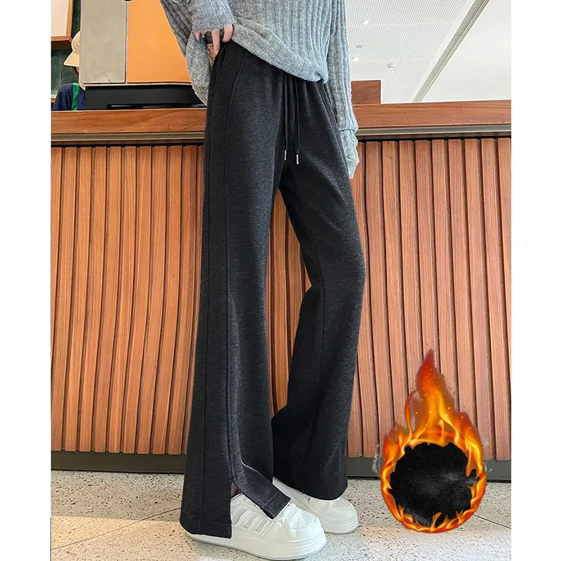 2025 inverno meninas calças de lã sólida feminino chique cintura alta calças de pelúcia senhora neve quente casual diário calças térmicas