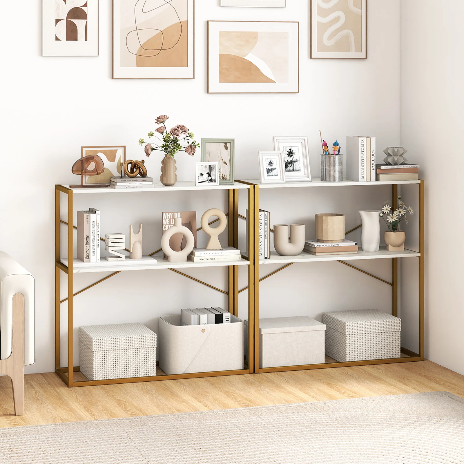 36” Console Table with Wooden Textured Open Shelves & Metal Frame for Hallway