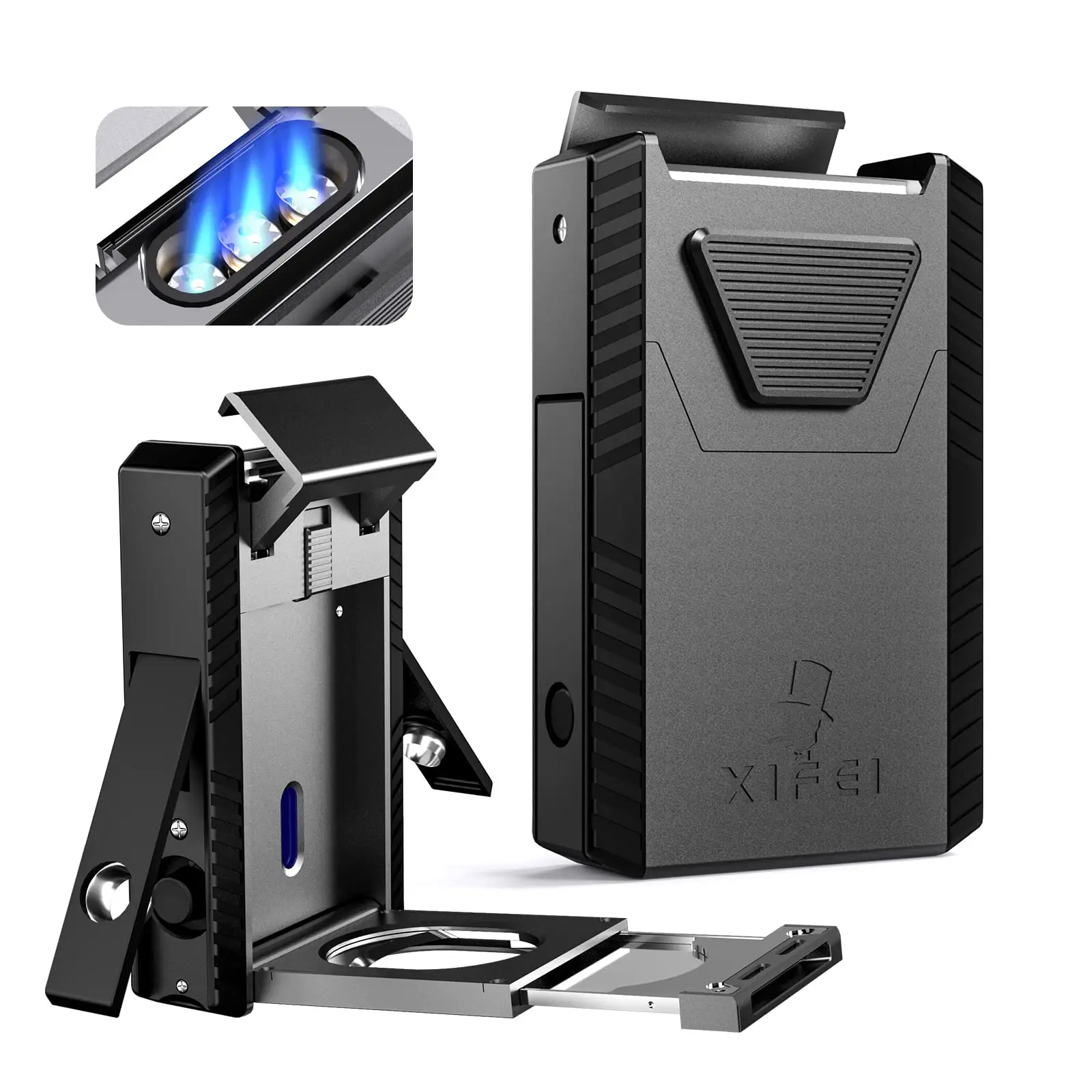 XIFEI Cigar Lighter Triple-Jet Flame, with Integrated Cigar Puncher and Double-Blade Cigar Cutter