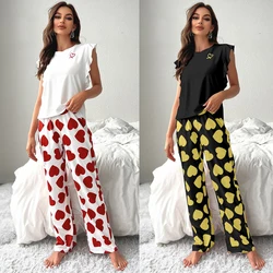 Women Faxu Cotton Pajamas Sets Love Print Cami Sleeveless Shirt With Trouser Sleepwear Ladie Sexy Lingerie Pyjamas Nightwear