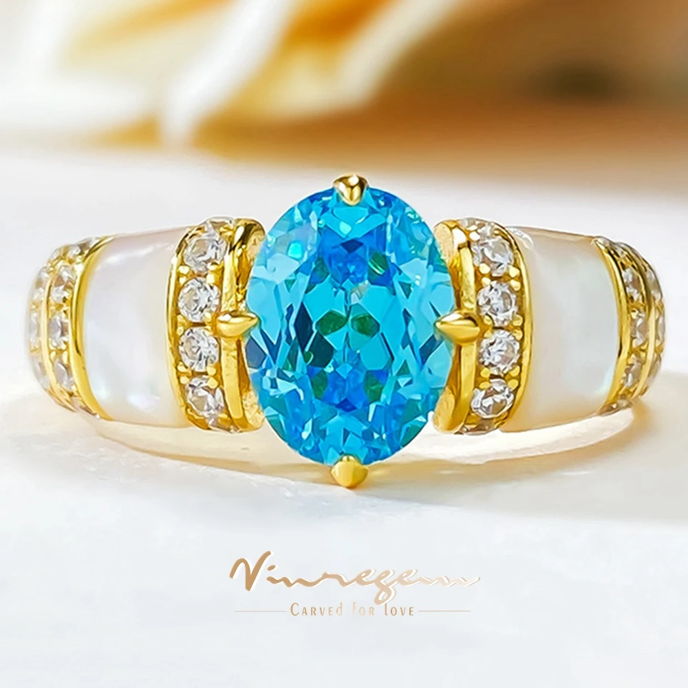 

Vinregem 6*8MM Oval Paraiba Tourmaline Natural Beige White Shells Gems Vintage 925 Sterling Silver Women Ring Engagement Jewelry