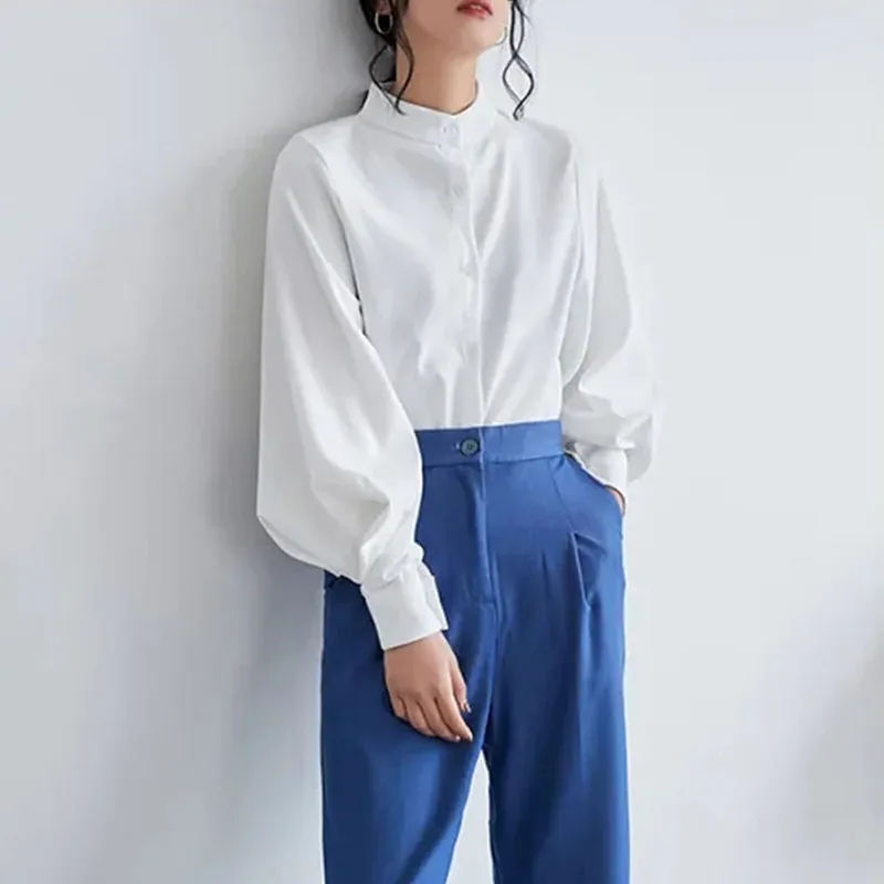 Women Solid Shirt Elegant Stand Collar Lantern Long Sleeve Female Blouse Summer Korean Fashion Office Button Ladies Tops