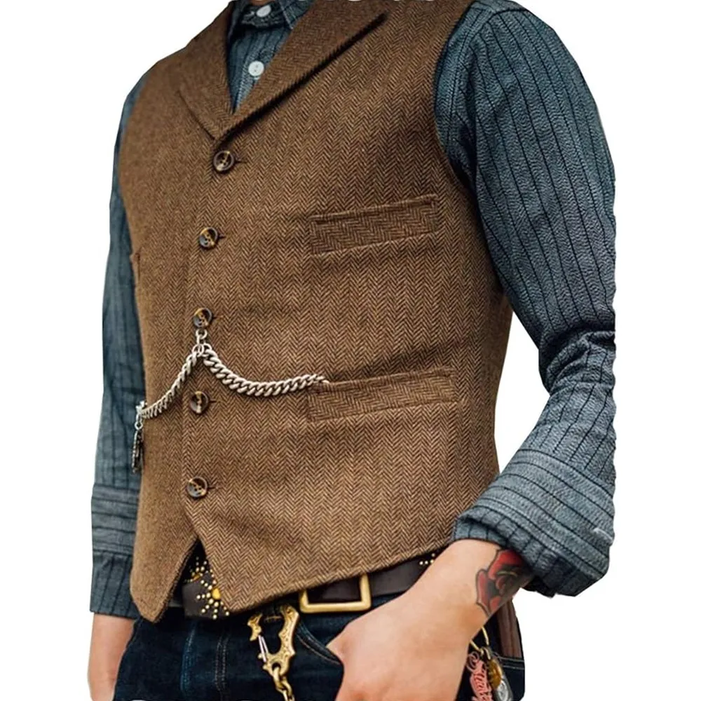 Chaleco de traje para hombre, solapa con cuello en V, lana en espiga, chaleco informal de negocios, chaleco de padrino de boda, chaleco de negocios de Tweed de lana