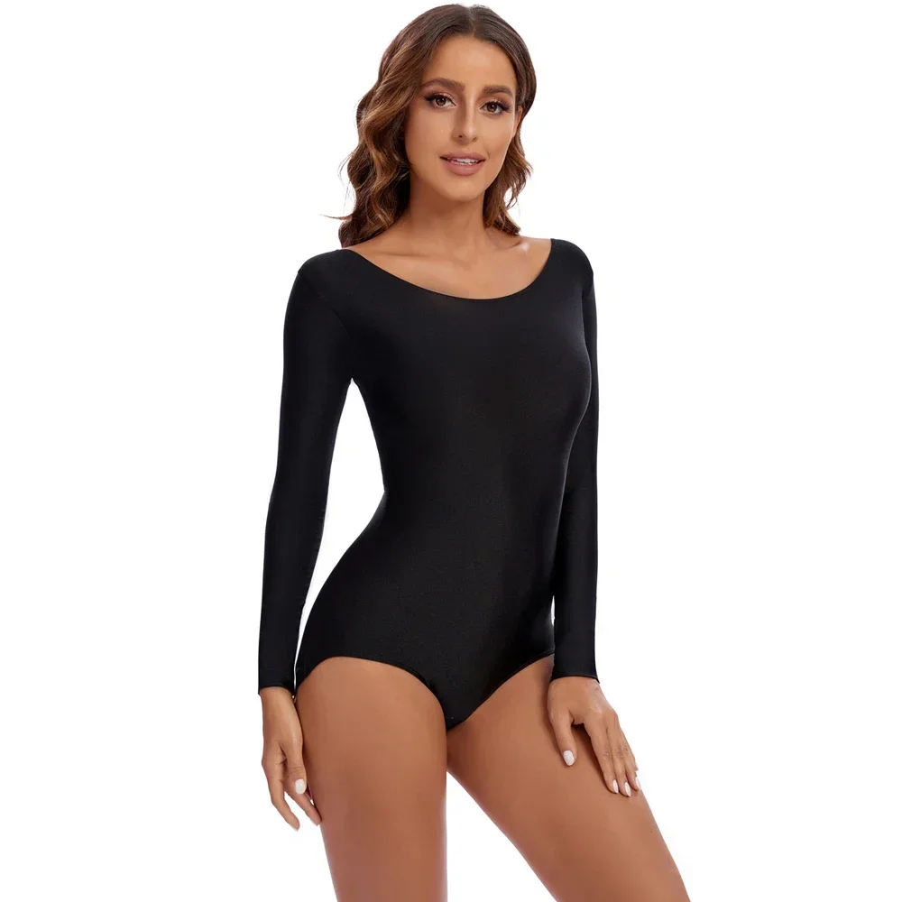 OVIGILY Adults Long Sleeve Dance Leotards for Women Spandex Scoop Neckline Black Ballet Gymnastics Bodysuit Team Basic Dancewear