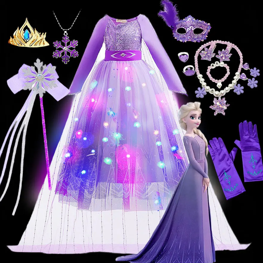 

Kid Frozen 2 Disney Princess Elsa Purple Dress with LED Light Skirt Sequined Top Girls Carnival Light up Role Play Elsa Cosplay