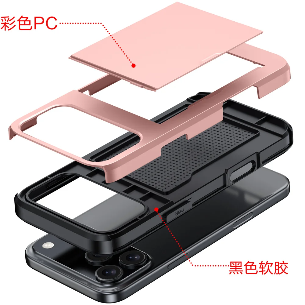 Robuste Handyhülle für iPhone 18 17 16 Plus 15 Pro 15 14 13 12 11 Pro Max mit Brieftaschen-Kartenhalter und Schiebeverschluss aus hartem PC-Schutzmaterial – Detail 16