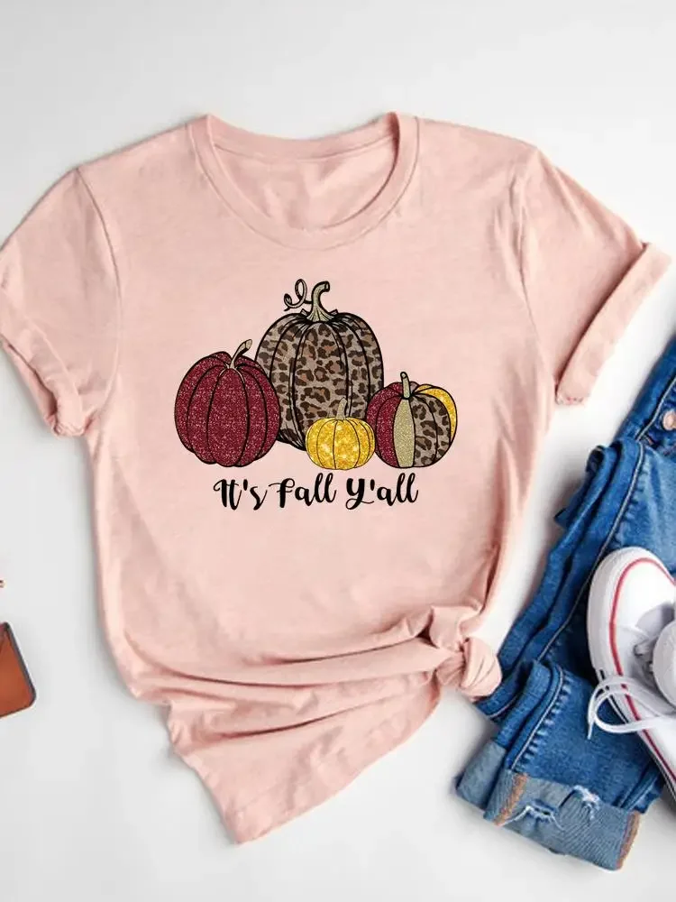 Thanksgiving Tee Top Clothes Halloween Fall Autumn Leopard Pumpkin Sweet Ladies T-shirt Women Graphic Print T Shirt Clothing