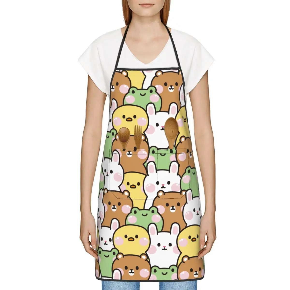 Cute Chick Rabbit Frog Bear Kitchen Cooking Aprons  Pocket Waterdrop Resistant Adjustable Neck Strap Cooking BBQ Grilling Aprons