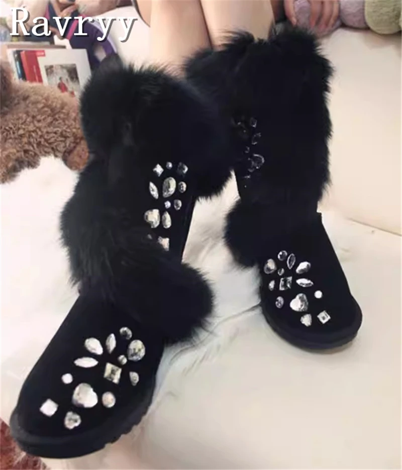 

Handmade Custom Luxury Rhinestone Snow Boots Women Winter New Genuine Leather Fur Flat Bottom Warm Mid-Calf Boots