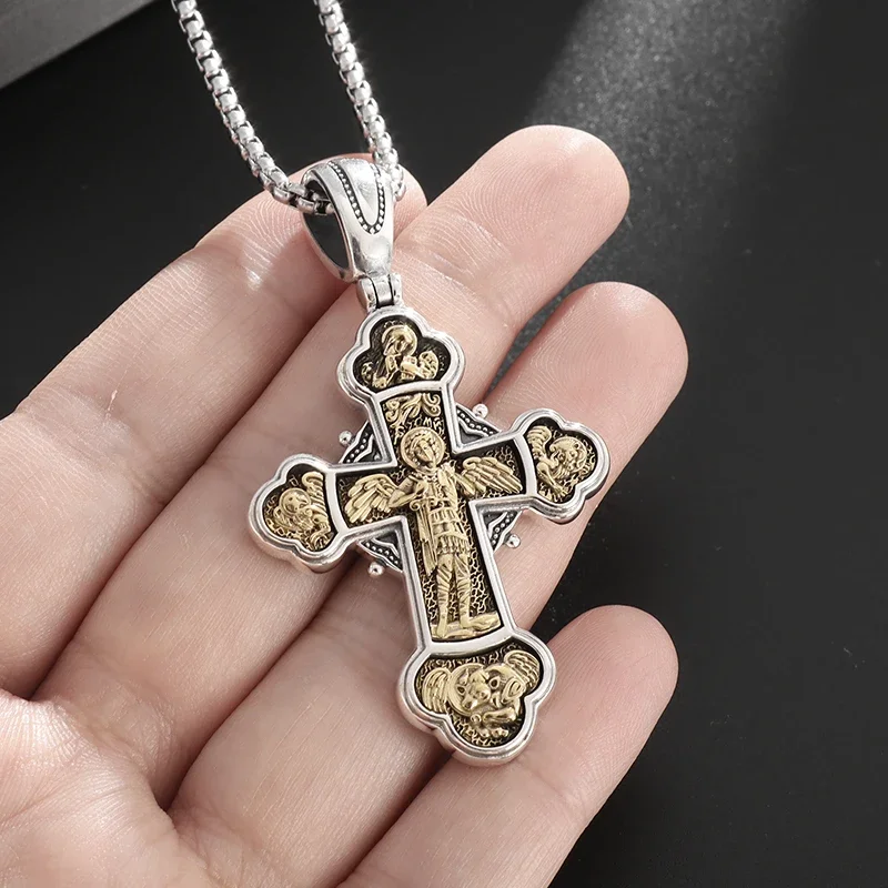 Archangel Michael Cross Pendant Vintage Catholic Necklace Men's and Women's Religious Prayer Faith Amulet Jewelry