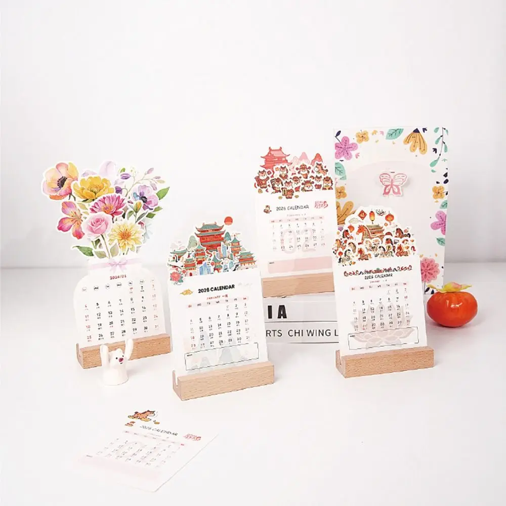 

Wooden Base 2026 Desktop Calendar Vase Shaped Detachable Base Bloomy Flowers Desk Calendar Date Display DIY Standing Calendar