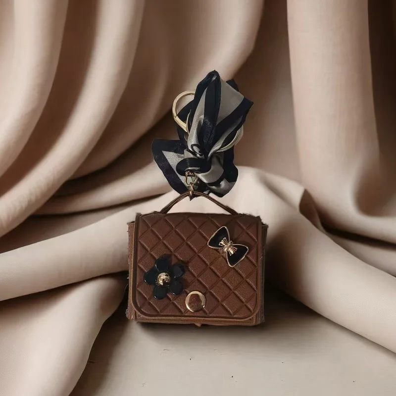 Fashion Korean Flower Bow Scarf Keychain Leather Earphone Storage Bag Mini Bag Charms for Women Cute Elegant Pendant Coin Purse