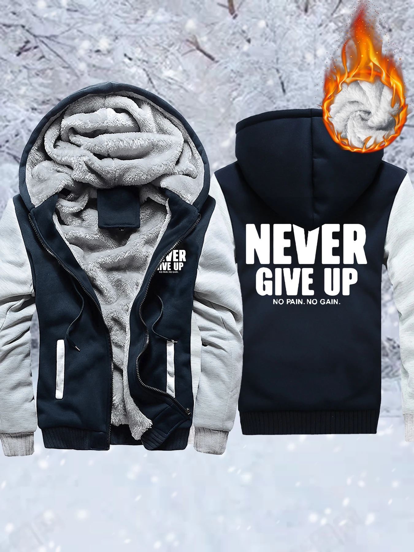 

Never Give Up No Pain No Gain Design Мужская куртка Негабаритные флисовые утепленные пальто Повседневная зимняя одежда на молнии Универсальная спортивная одежда