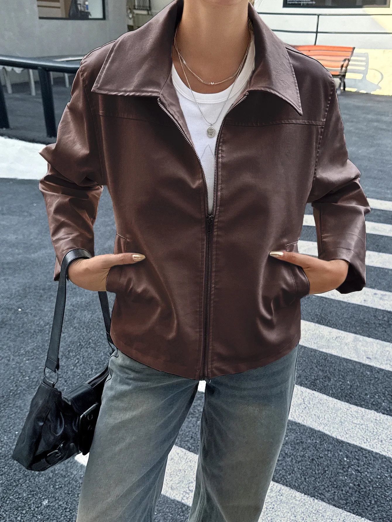 Nueva chaqueta de PU ajustada de Color sólido con cuello vuelto de manga larga informal a la moda Otoño/Invierno, 3 colores