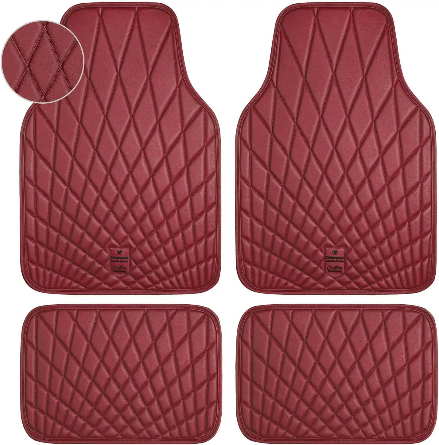 

Luxury Faux Leather Car Floor Mats Set, Waterproof Anti-Slip Universal Fit for Most Vehicles, 4-Piece Burgundy Red