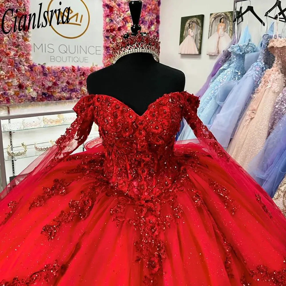 

Red 3D Flowers Ribbons Ball Gown Quinceanera Dresses Off The Shoulder Sequined Appliques Lace Sweet Vestidos De 15 Anos