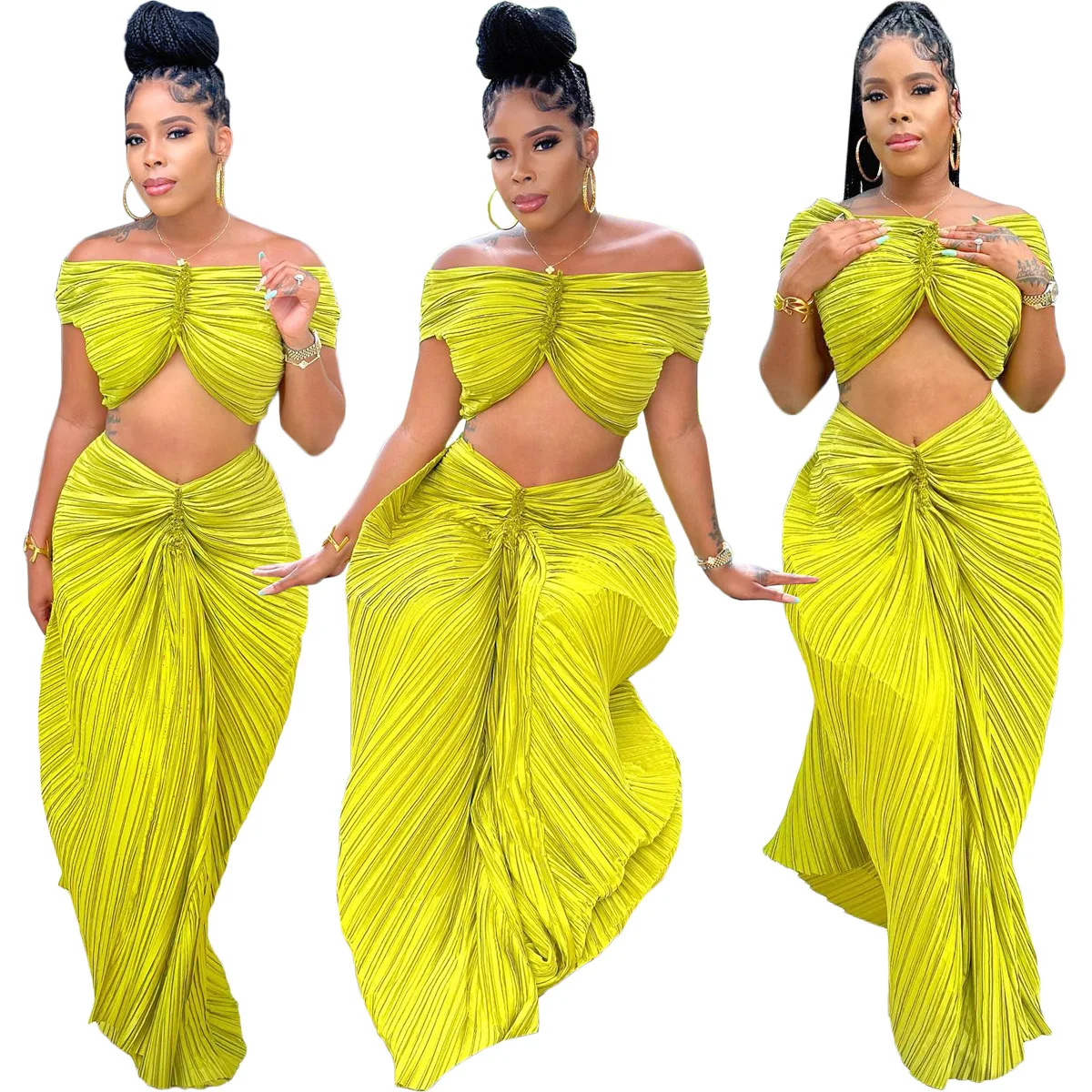 D8571 Fashion Pleated Women's Set Off Shoulder Ruched Crop Top and High Split Slim Maxi Skirt 2025 INS Two 2 Piece Set Outfits