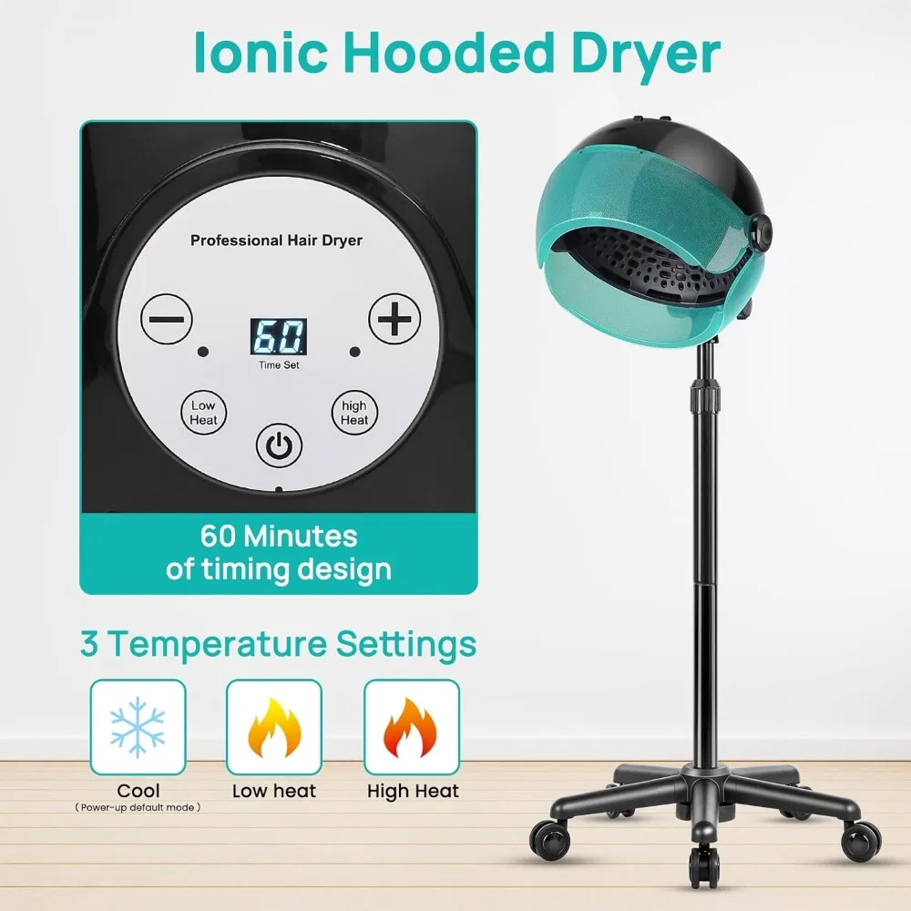 Ionic Hooded Hair Dryer with Digital Display, Touch Controls and 3 Temperature Settings for Salon and Home Use