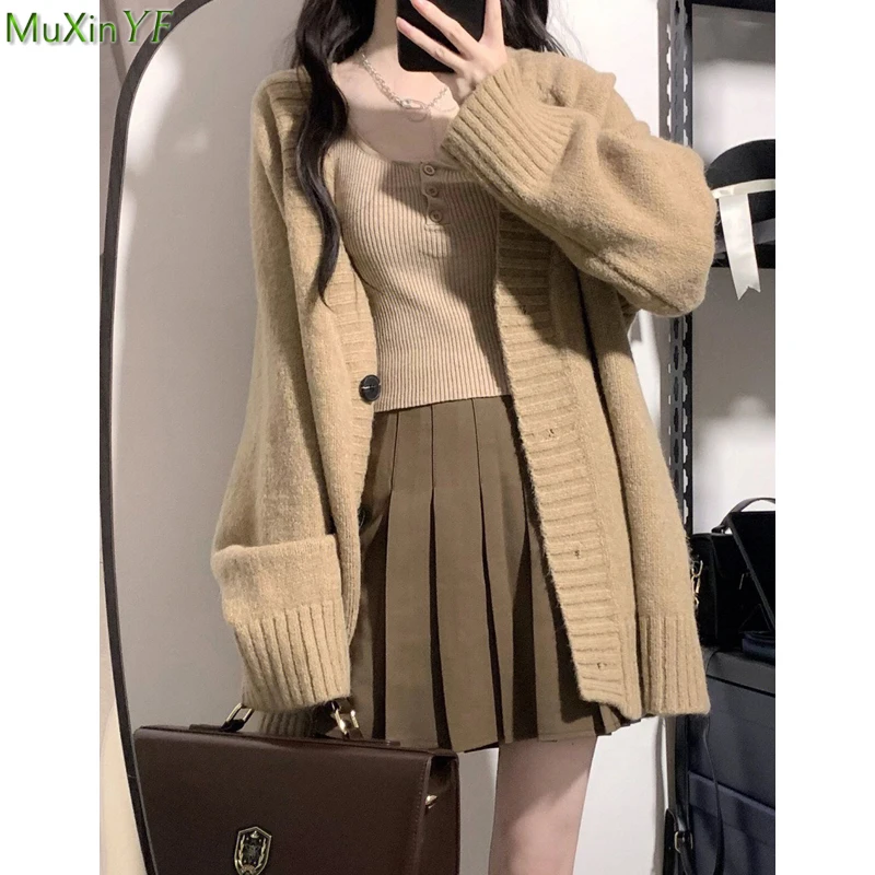 Women's Falls Preppy Style Clothing Loose Sweater Cardigan Tank Tops Mini Pleated Skirts Sets Lady Knit Coats Vest Skirt Outfits