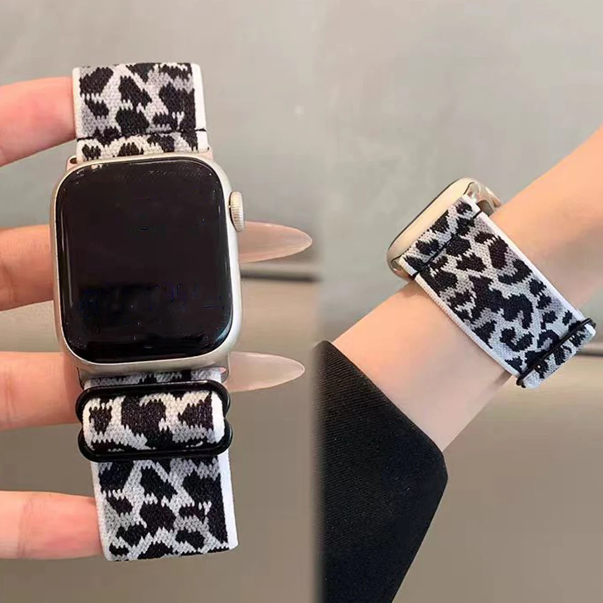 Leoparden-Nylon-Elastikarmband für Apple Watch Band Serie 10/11 42mm 46mm Sport Dehnbares Nylon-Armband für iWatch Serie 10 9 8 7 6 5 4 – Detail 1