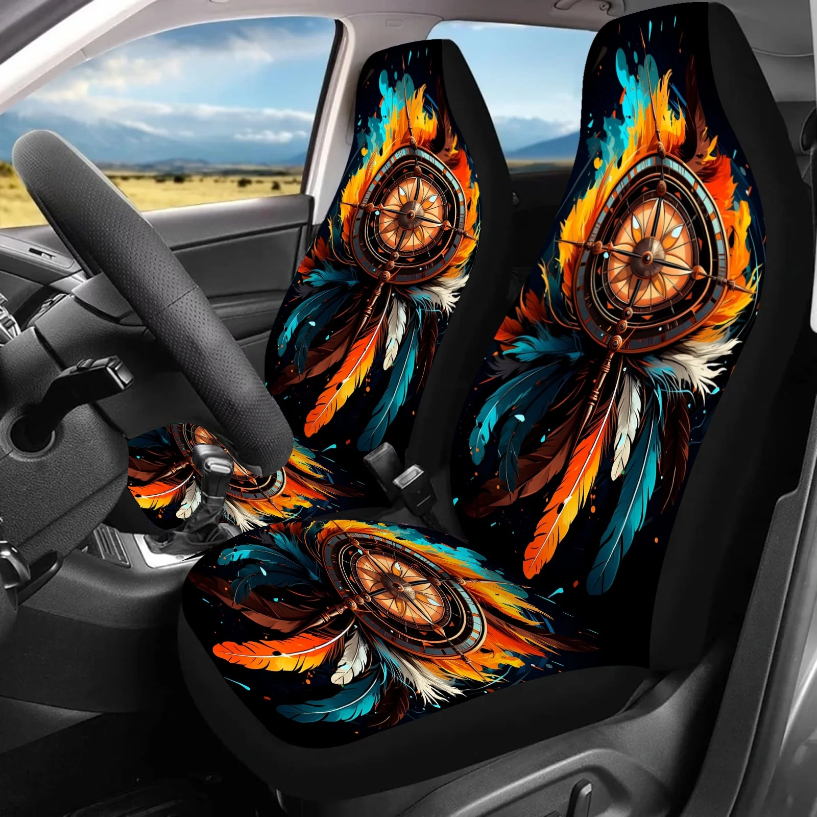 

2pcs Vibrant Feather & Sunset Car Seat Covers - Universal Fit For SUVs, Sedans, Trucks | Non-Woven Fabric, Sponge Filler | Ideal