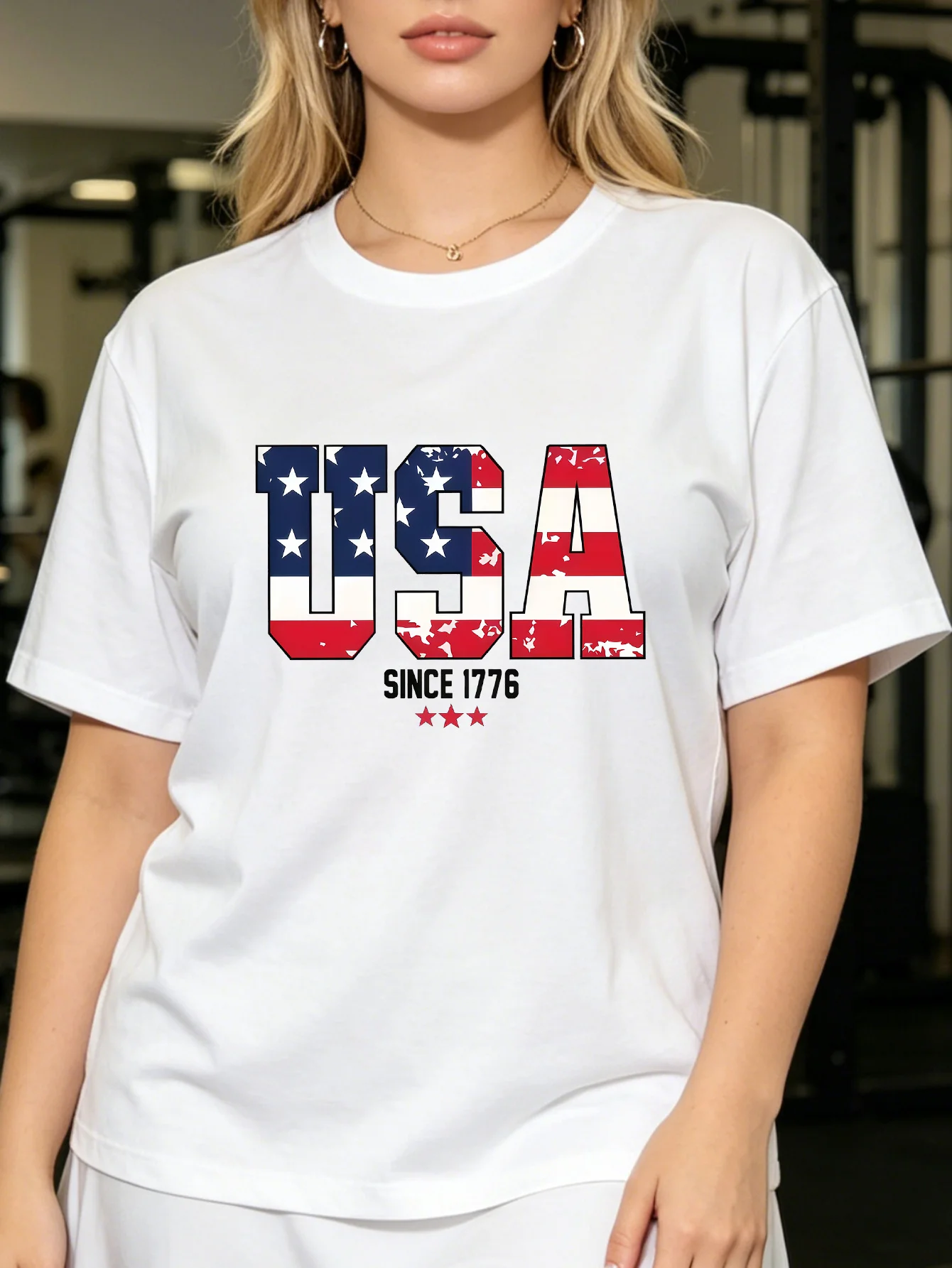 Women Crew Neck Tee Usa 1776 Flag Letter Graphic Print Short Sleeve Loose Ladies Summer Soft Cotton Plus Size Casual Street Top