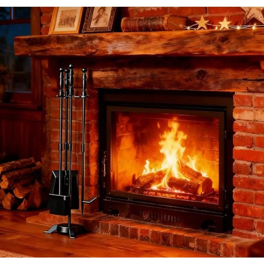 

Набор инструментов для камина Fire Beauty, 4 предмета, черный, из кованого железа, для использования на улице/в помещении, включает кочергу, лопату, щетку и топорик.