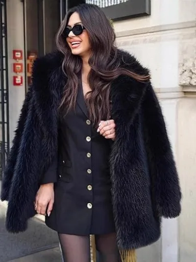 New Womens Luxury Faux Fur Coat Lapel Collar Mid Length Fluffy Warm Winter Outwear for Women