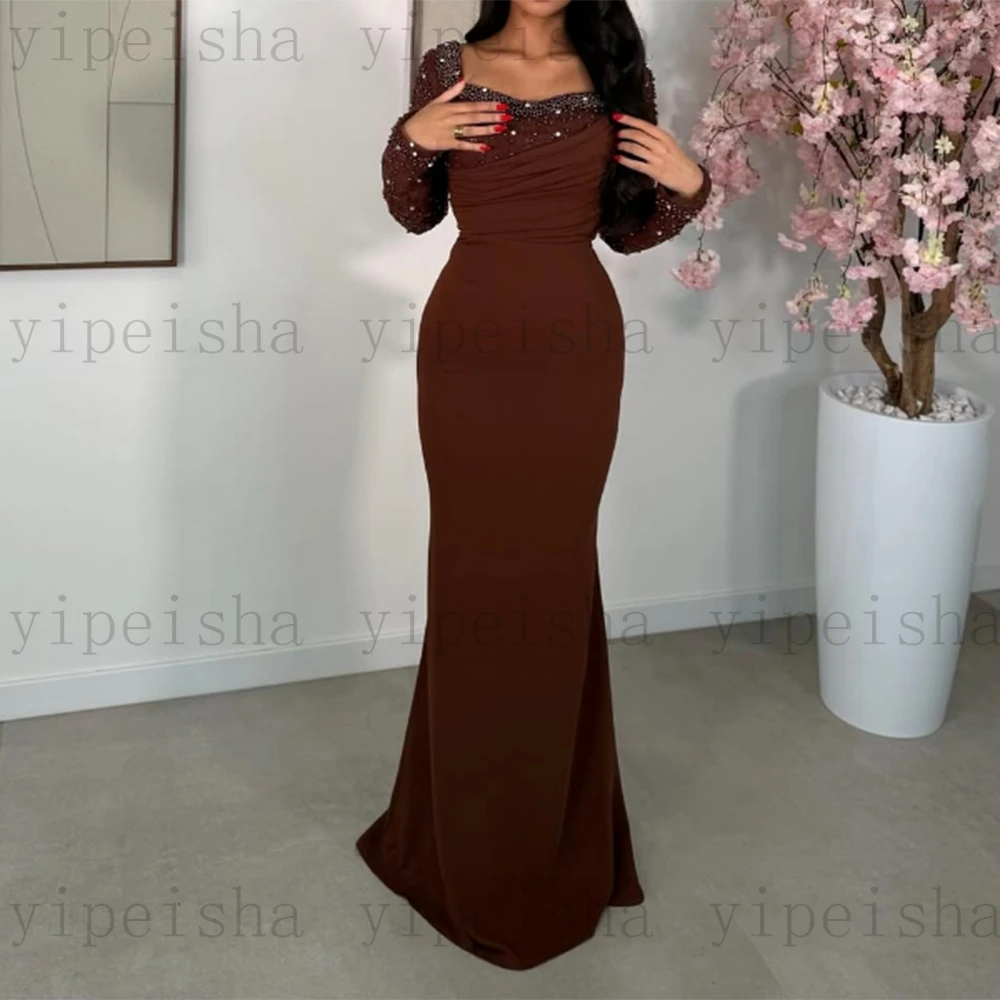 Vestidos de Noche de sirena con cuello en V personalizados, cuentas de lentejuelas, manga completa, tren desmontable, vestido de fiesta largo sin espalda