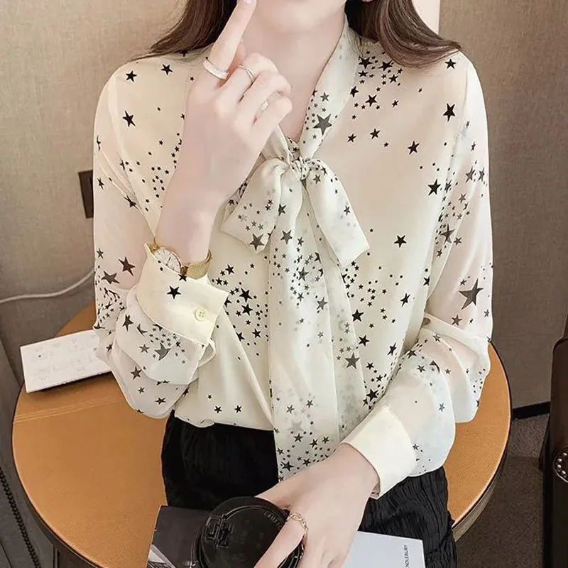 Sweet Lacing Bow Lady Slim Printed Shirt 2024 Spring and Summer Korean Elegant Chiffon Thin Long Sleeve Blouses Pullovers Female