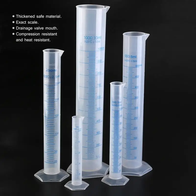 5pcs Transparent Measuring Plastic Graduated Cylinder Plastic Test Liquid Tube Lab Tool 50ml / 100ml / 250ml / 500ml / 1000ml